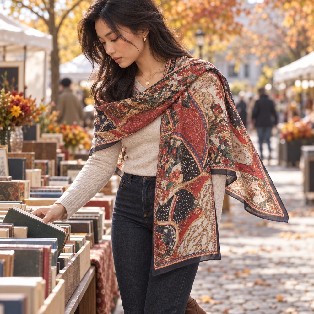 100% Silk Fall Colors Abstract Print Scarf Rectangular Wrap Shawl 63x20